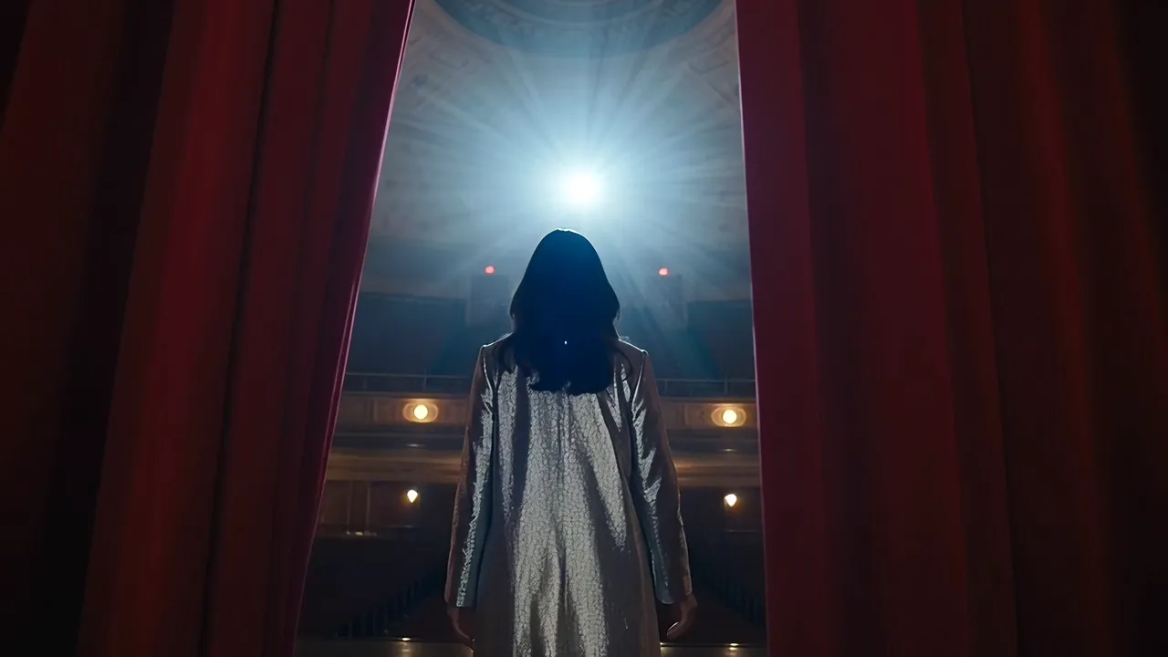 Fictional adult performer entering a theater illustrating a text-to-image composition