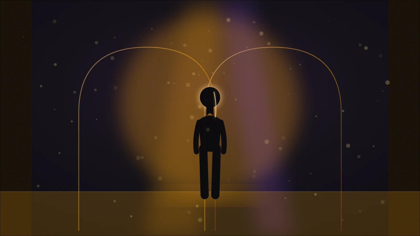 Fictional adult performer on an amber-lit stage used as an illustrative visual direction